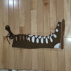 Jeffrey Campbell Brown Suede Thigh High Lace Up Gladiator Boots